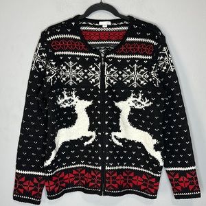 J JILL Black Red White Wool Blend Reindeer Fair Isle Zip Cardigan Sweate…